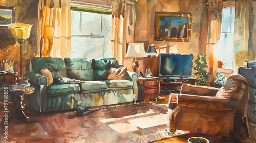Capture the everyday simplicity of a cozy living room scene at a tilted angle, blending warmth and familiarity with a hint of mystery using watercolor technique photo