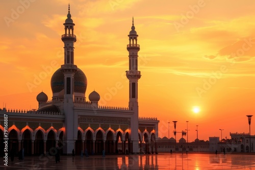 A mosque with two minarets silhouetted against a dusk sky