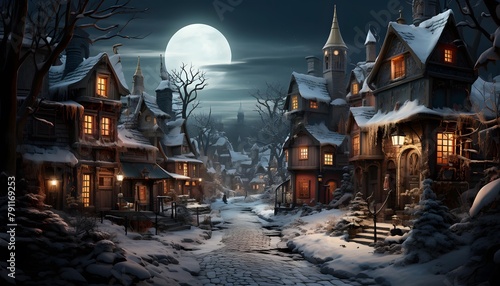 Winter village at night with full moon in the sky. Panorama © Iman