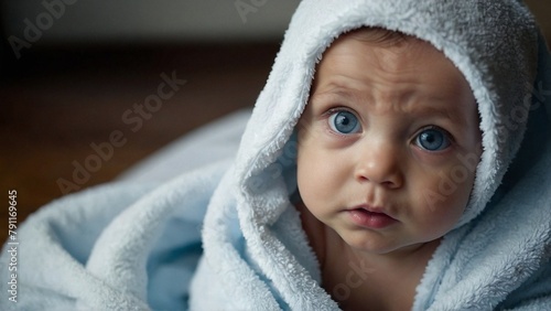 Cute curious newborn boy with big blue eyes, wrapped in blue towel, watching to the camera  photo