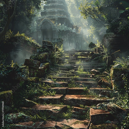 A worn path leading through a dense forest towards a hidden temple, representing the journey of spiritual discovery