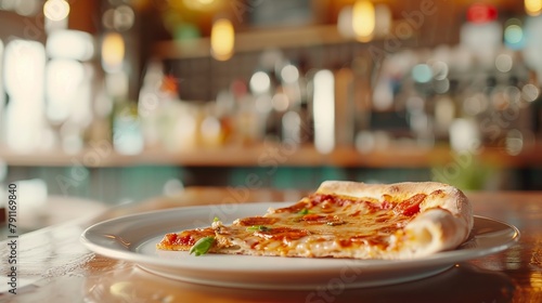 Single slice of pizza on table. Cafe scene background