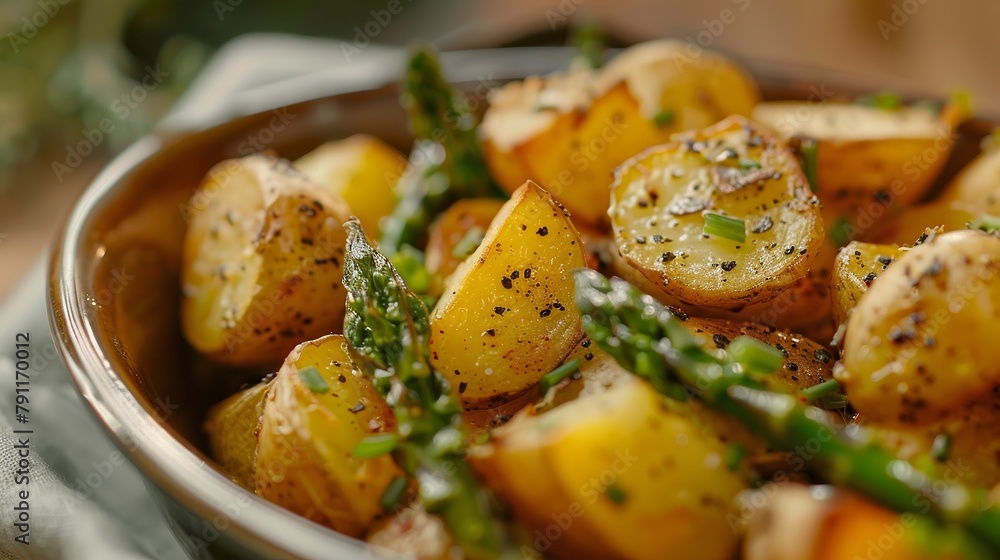 Roasted potatoes and asparagus on white plate Roasted potatoes and asparagus on white plate