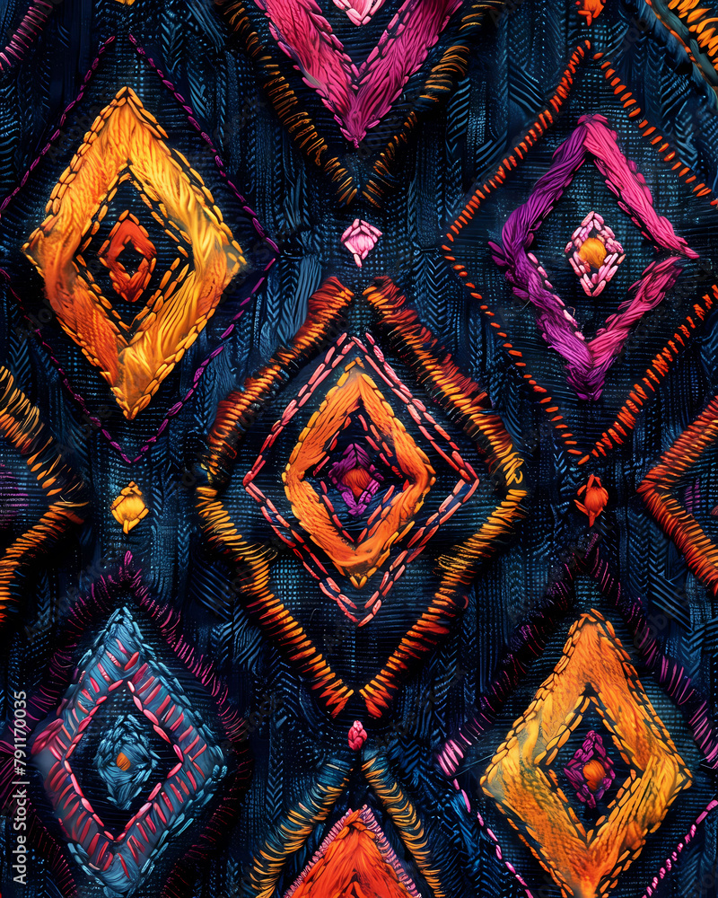 Vibrant Artistic Fabric Texture with Triangular Embroidery Pattern and Scribbly Lines