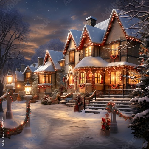 Winter night in the village. Christmas and New Year holidays. Beautiful winter landscape.
