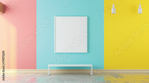 Billboard isolated on pink, light blue, yellow background wall, mock up space for promotion photo