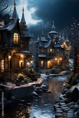 Winter fairy tale scene with wooden houses and a river at night.