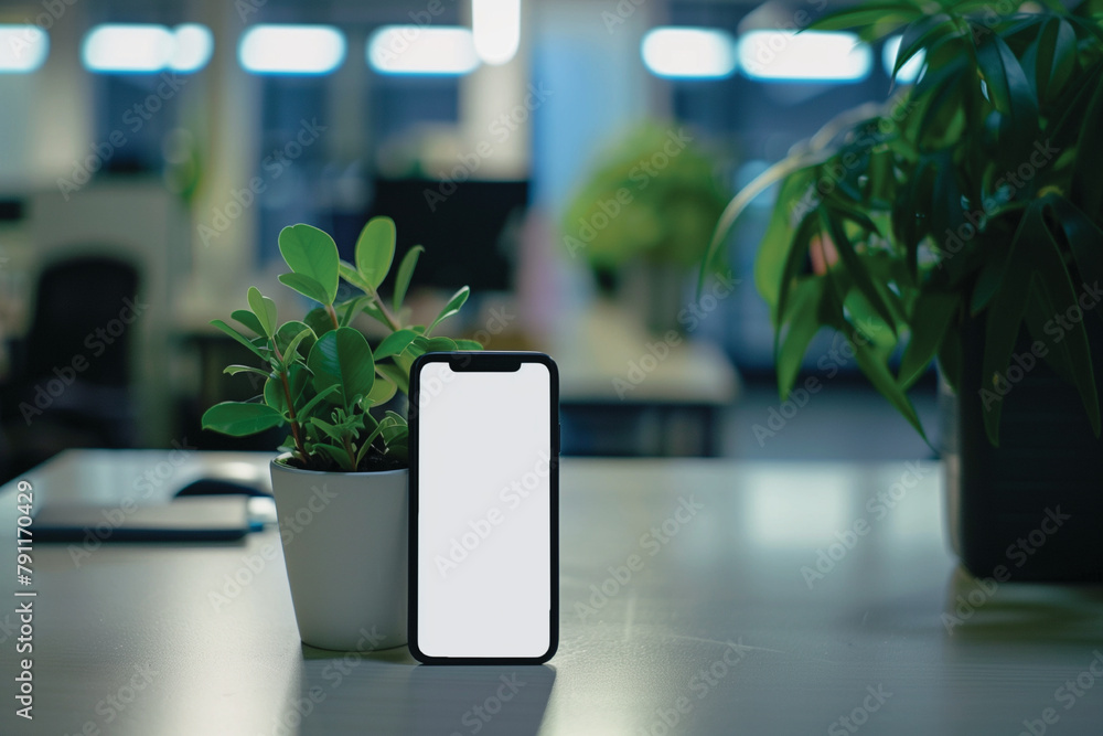 Mock up view of black mobile phone with blank white screen on Office desk with Flowers in Pot Mock up view of black mobile phone with blank white screen on Office desk with Flowers in Pot