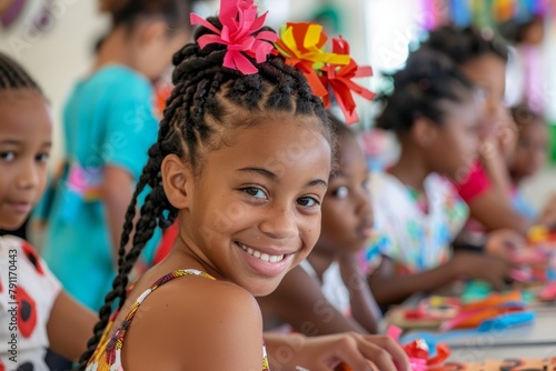 Group of young girls smiling at table, happy and sharing moment together