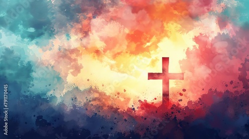 abstract blurry watercolor painting depicting a glowing cross in a sunset sky with clouds spiritual concept illustration