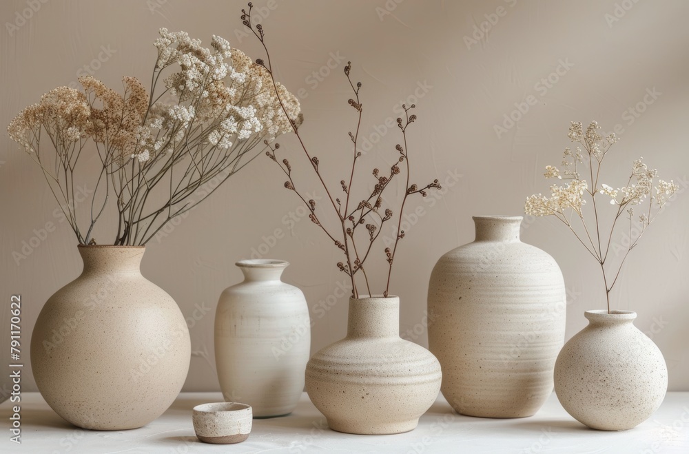Three White Vases on Table