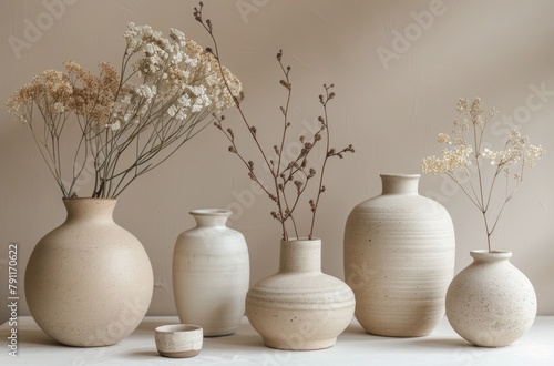 Three White Vases on Table