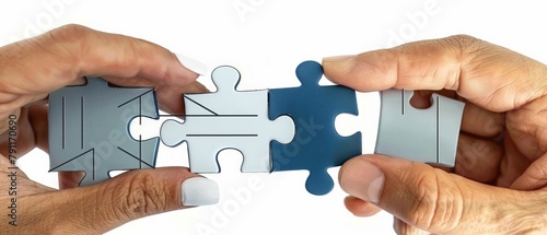 Two hands of individuals are shown joining separate pieces of a puzzle together, forming a unified image