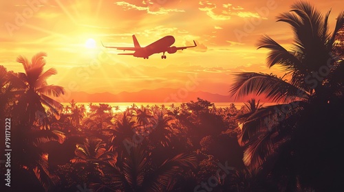 airplane soaring above tropical palm trees at sunset sun rays in clear sky travel and vacation concept digital painting © Bijac
