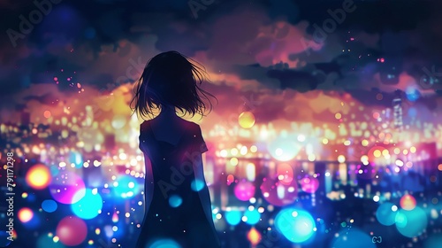 anime girl standing in front of blurry city skyline dreamy night scene illustration vibrant colors