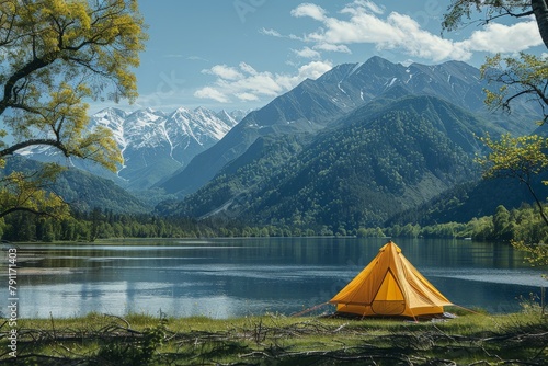A tent is pitched on the shore of a calm lake, surrounded by trees under a clear sky