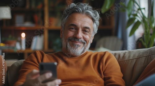 A cheerful, content senior gentleman with a cellphone is seated on his sofa, browsing through social networks, managing finances, making purchases, and occasionally glancing at the camera.