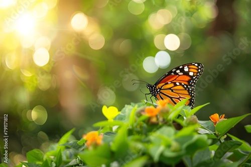 Butterfly and butter on green nature background with copy space.