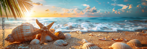 Seashells and starfish scattered on sandy beach during sunset with warm golden light