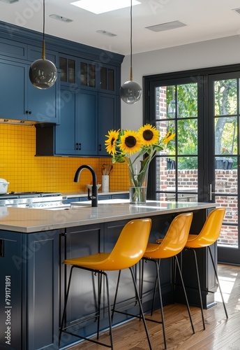 Stylish Blue Kitchen With Yellow Rug © ArtCookStudio