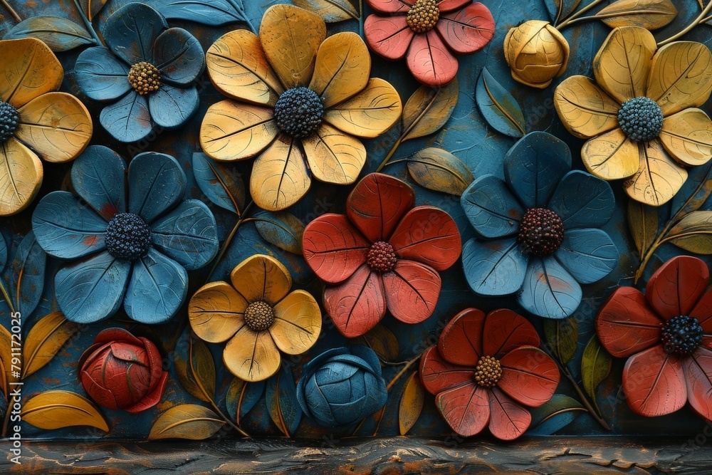 A vibrant painting depicting various flowers on a wall, adding a pop of color to the space A vibrant painting depicting various flowers on a wall, adding a pop of color to the space