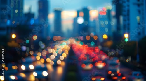 A defocused traffic jam in the distance creates a surreal backdrop for the dreams and ambitions of city dwellers. . photo