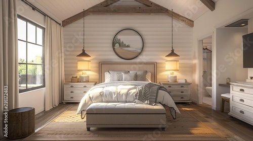 cozy modern farmhouse bedroom interior with hardwood floor 3d rendering