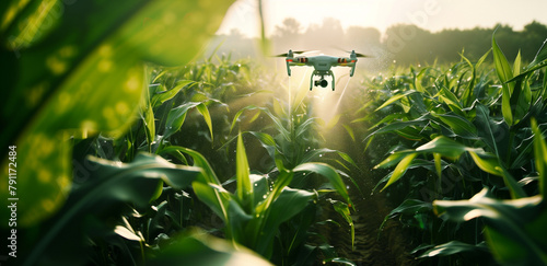 Agricultural Drone Surveying Corn Field at Sunset - representing modern precision agriculture and farming technology advancements. photo