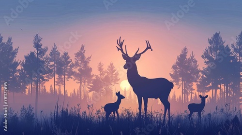 deer family silhouette in forest wildlife and nature concept illustration