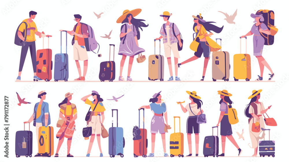 Collection of male and female travelers dressed in