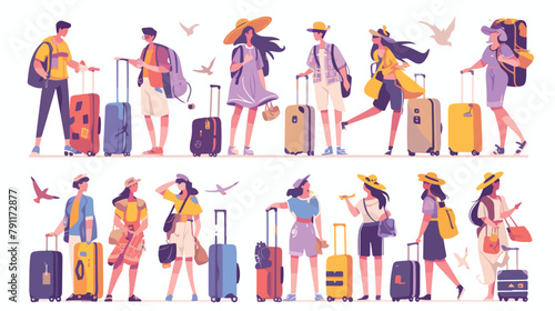 Collection of male and female travelers dressed in