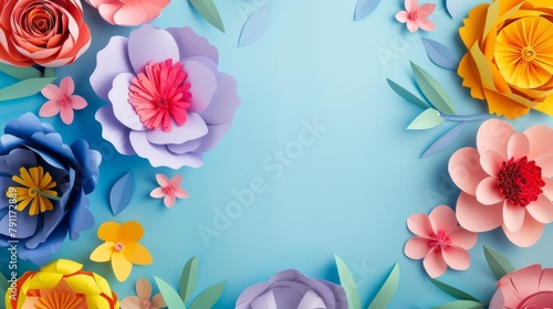 Colorful handmade paper flowers on light blue background with copy space in the center