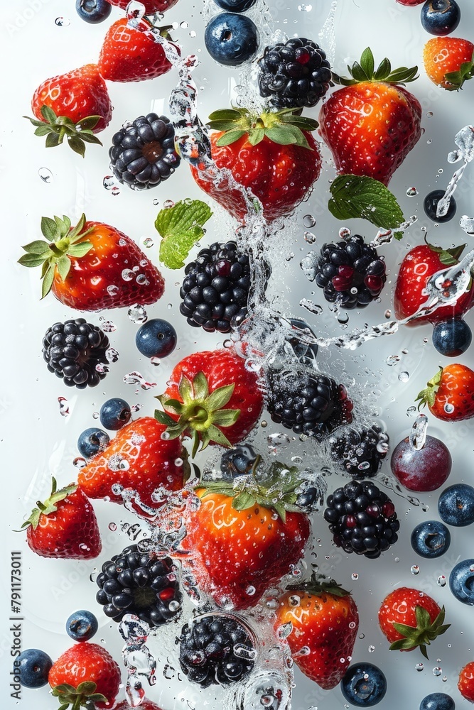 Fresh strawberries and blueberries are falling into a glass of water, creating ripples and splashes in a dynamic display of fruit and liquid interaction Fresh strawberries and blueberries are falling into a glass of water, creating ripples and splashes in a dynamic display of fruit and liquid interaction
