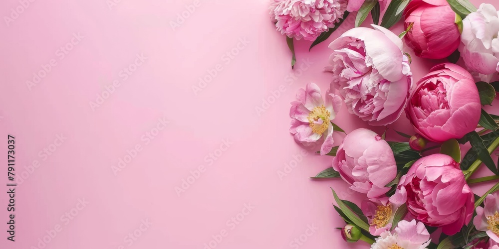 Fresh Pink Peonies and Roses Bouquet with Copy Space