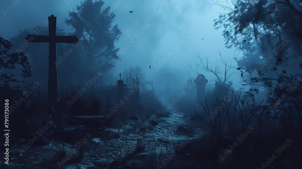 eerie misty graveyard path at night dark fantasy cemetery landscape with fog spooky digital illustration eerie misty graveyard path at night dark fantasy cemetery landscape with fog spooky digital illustration
