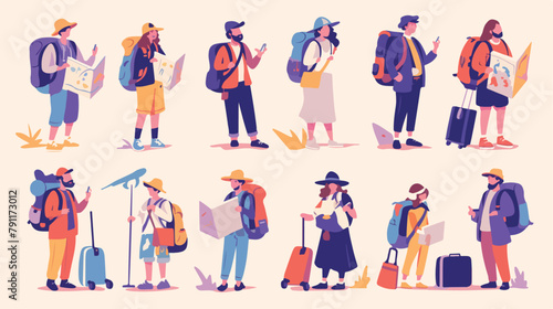 Collection of male and female travelers with map st