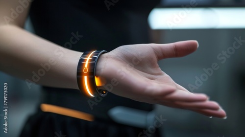Closeup of a gesture control armband enabling employees to control devices and applications with simple hand movements streamlining their tasks and saving time. .