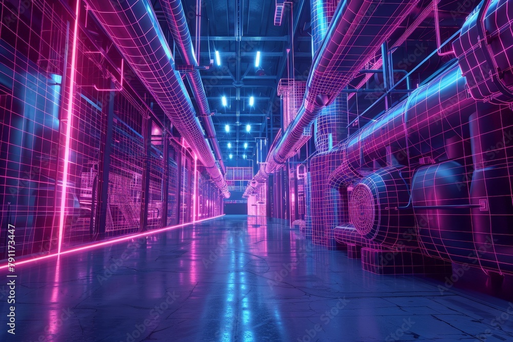 A long hallway illuminated by neon lights running down the center, creating a vibrant and futuristic atmosphere