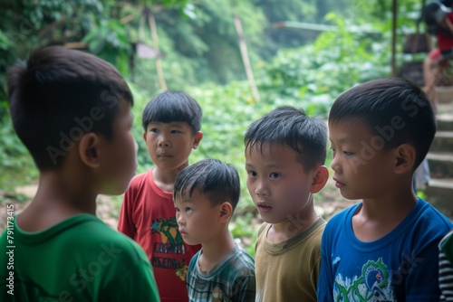 Group of asian children looking at camera in the public park.