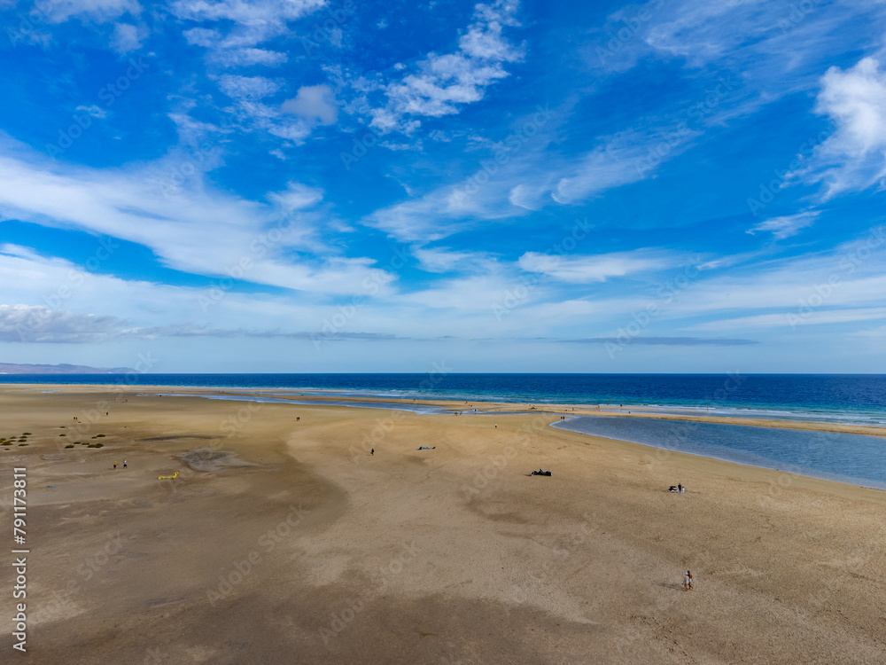 Aerial view on sandy dunes and turquoise water of Sotavento beach, Costa Calma, Fuerteventura, Canary islands, Spain in winter