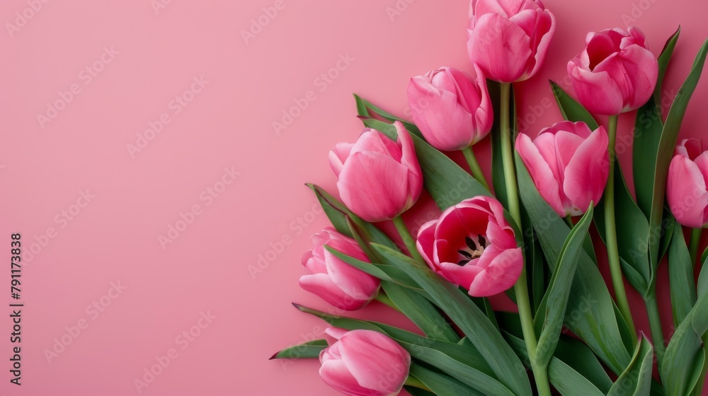 Fototapeta premium Pink Tulip Bouquet on Pastel Pink Background with copy space. Valentine's Day, Birthday, Happy Women's Day, Mother's Day. 
