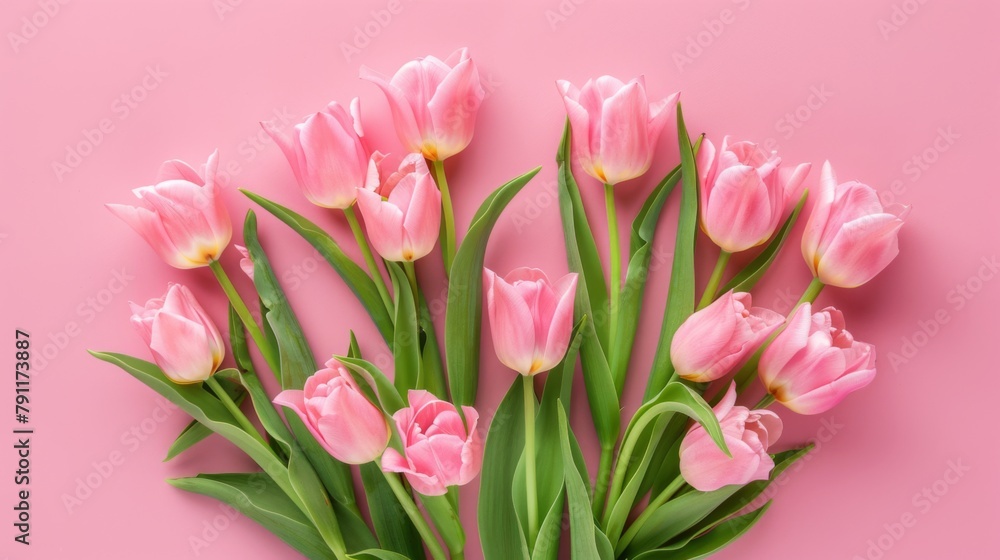 Pink Tulip Bouquet on Pastel Pink Background with copy space.  Valentine's Day, Birthday, Happy Women's Day, Mother's Day. 
