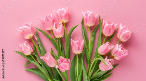 Pink Tulip Bouquet on Pastel Pink Background with copy space. Valentine's Day, Birthday, Happy Women's Day, Mother's Day. 