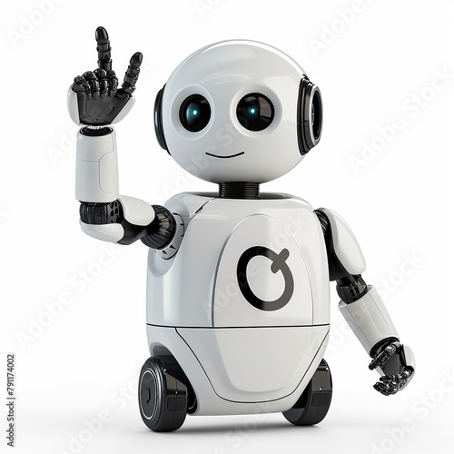 3d render,Cute robot with smiling face waving its hand. Chatbot greets. isolated on white backdrop.