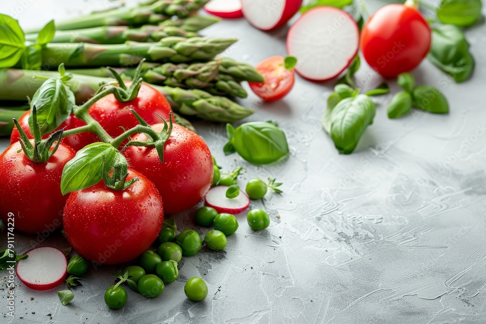 A variety of fresh tomatoes and green asparagus neatly arranged on a wooden table A variety of fresh tomatoes and green asparagus neatly arranged on a wooden table