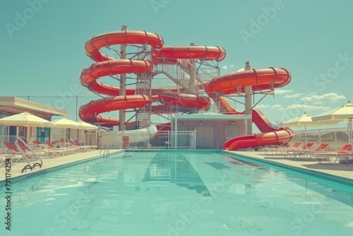 Water slide amusement park tourist attraction summer kids festivity festival joy pool with blue clear water vacation leisure time aquapark fast sliding pipes colorful resort entertainment center