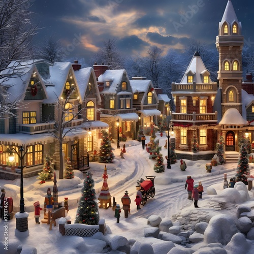 Beautiful Winter Christmas landscape with snow covered houses and Christmas trees. photo
