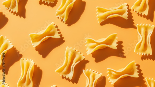 vermicelli, pasta, raw Italian Rigatoni pasta isolated on a plain light beige background, on a yellow background with full depth of field. View from above. Flat layout