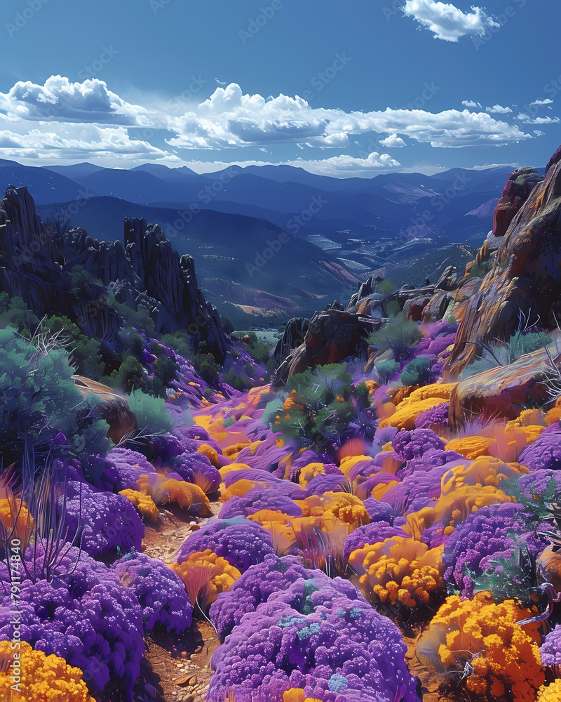 Vibrant Artistic Impression of Colorful Flowers in a New Mexico Valley