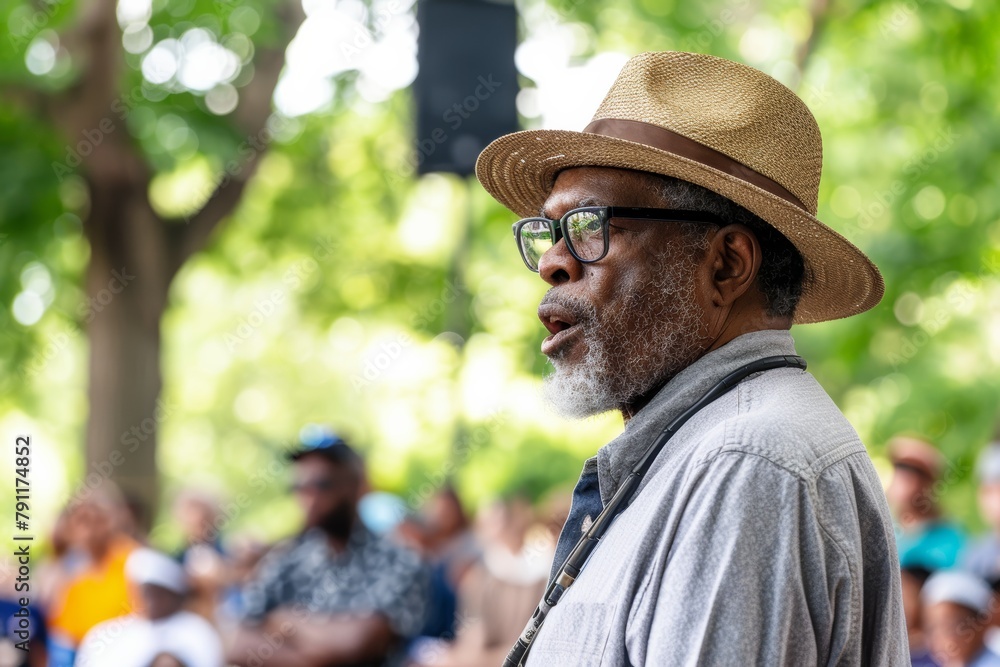 A man in a hat and sunglasses stands before a crowd A man in a hat and sunglasses stands before a crowd